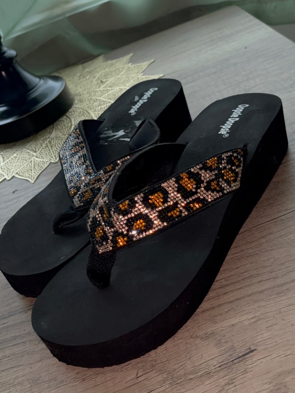 Oopsie Doopsie Leopard Print Bedazzled Platform Sandals